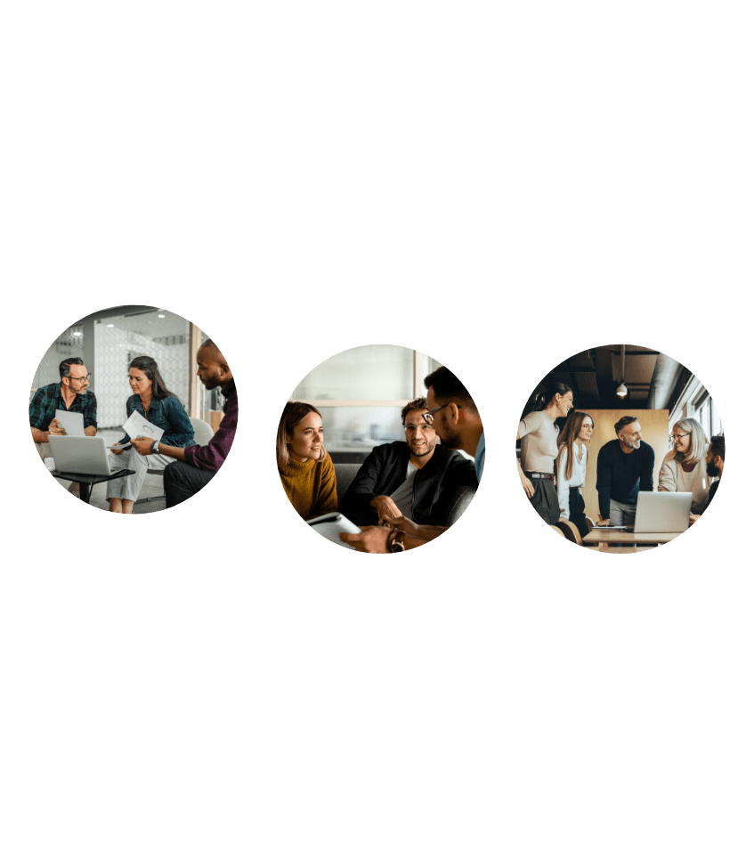 Three circular images show different meeting scenes. The first shows a small group with laptops, the second a joint discussion and the third a team in a modern workspace.