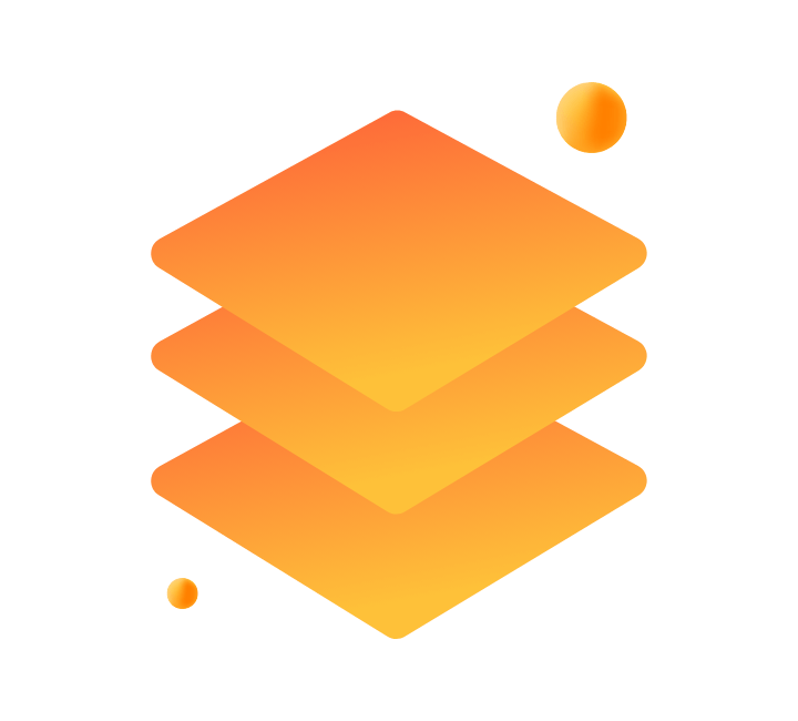 An abstract orange symbol representing three stacked, overlapping layers with two orange dots floating next to them.