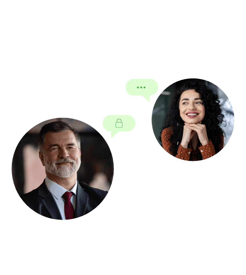 Two people, a man in a suit and a smiling woman, are depicted in separate circular frames with speech bubbles in between, suggesting a conversation.