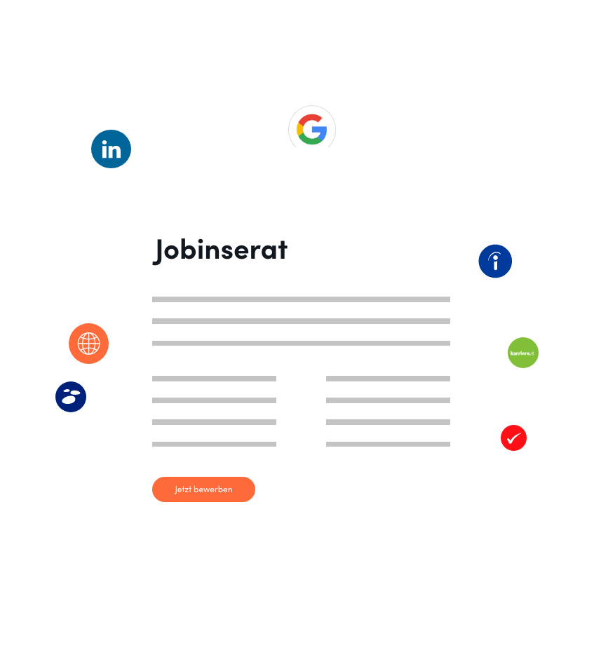 Abbildung eines Online-Bewerbungsformulars, umgeben von Logos verschiedener Technologieplattformen, darunter LinkedIn, Facebook, Google und andere. Die Anwendung enthält Felder zur Texteingabe und eine Schaltfläche zum Senden.