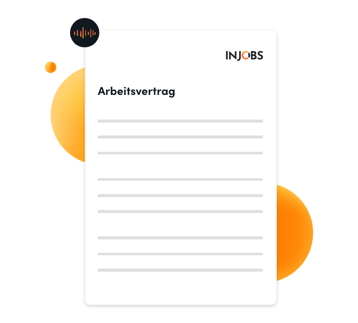 Abbildung eines Berichts oder Dokuments mit dem Titel „Arbeitsvertrag“ mit einem Logo in der oberen rechten Ecke und mehreren Textzeilen darunter. Orange Kreise betonen das Bild auf der linken und rechten Seite dekorativ.