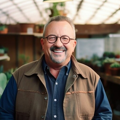 Ein Mann mit Brille, der eine braune Jacke über einem blauen Hemd trägt, lächelt, während er in einem Gewächshaus mit Pflanzen im Hintergrund steht.