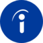 Ein blauer Kreis mit einem weißen kleinen „i“ in der Mitte, begleitet von einem weißen Bogen, der von oben rechts nach links in der Mitte verläuft und an eine stilisierte Person oder ein Informationssymbol erinnert.
