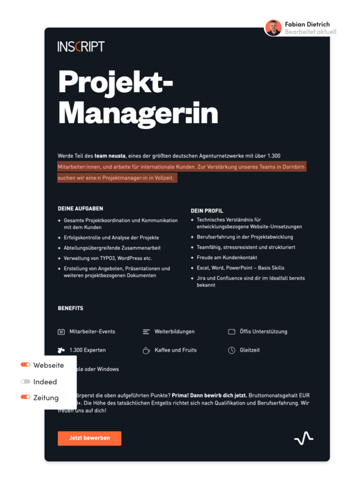 Ein Dokument mit dem Titel „Projekt-Managerin“ mit Abschnitten wie Beschreibung, Aufgaben, Must-Have und Nice-to-Have. Das Dokument wird visuell auf einem dunklen Hintergrund mit weißem und orangefarbenem Text präsentiert.